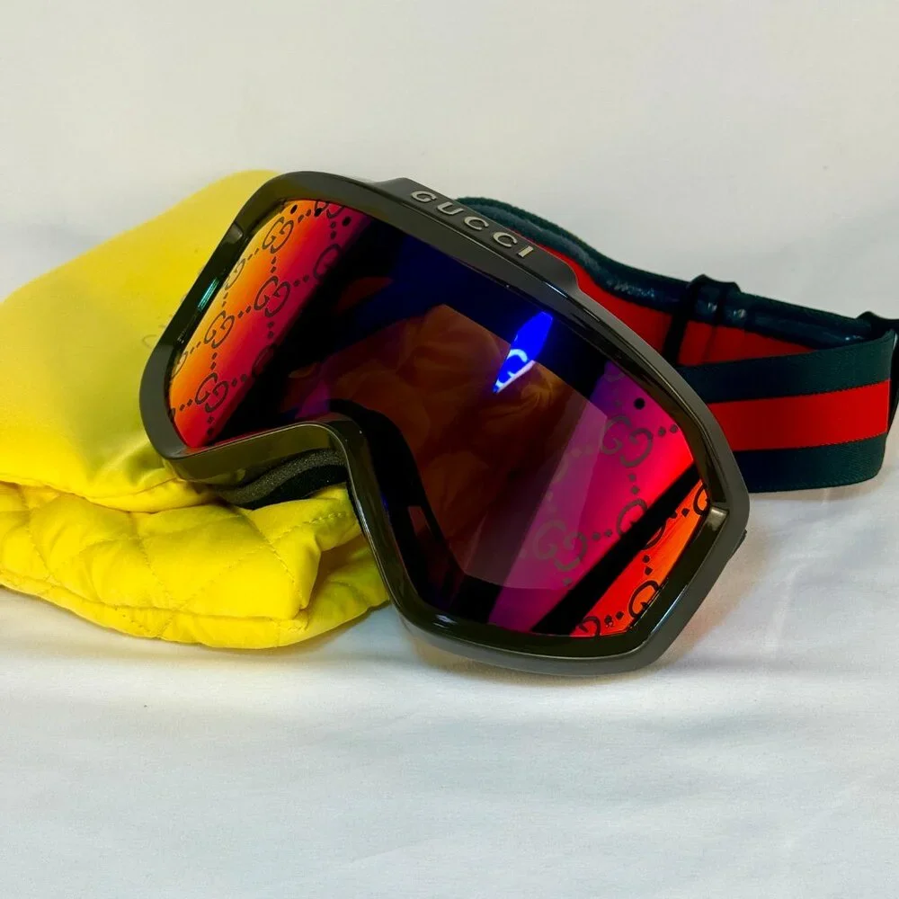 NEW GUCCI Mirrored Ski Mask Goggles SHINY SOLID DARK GREEN with logo unisex - Picture 2 of 9